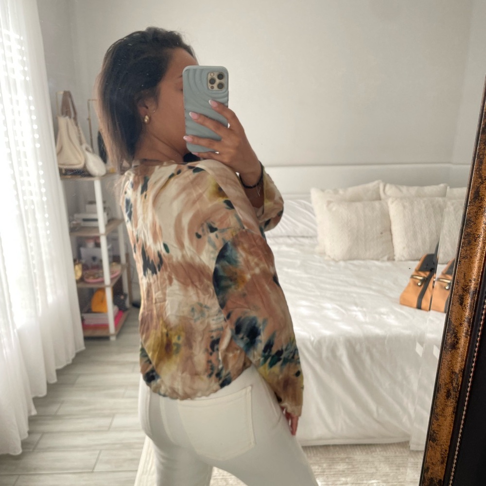 ZARA Multicolor Abstract Drawstring Blouse | V-Neck Long Sleeve Top | Small - Picture 4 of 5